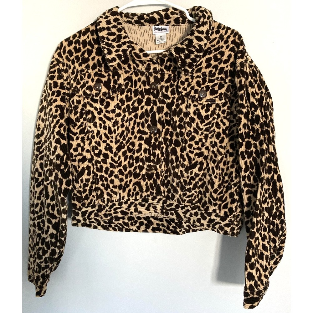 Kiko Jacket Womens M Brown Leopard Print Corduroy Button Front Short Cropped